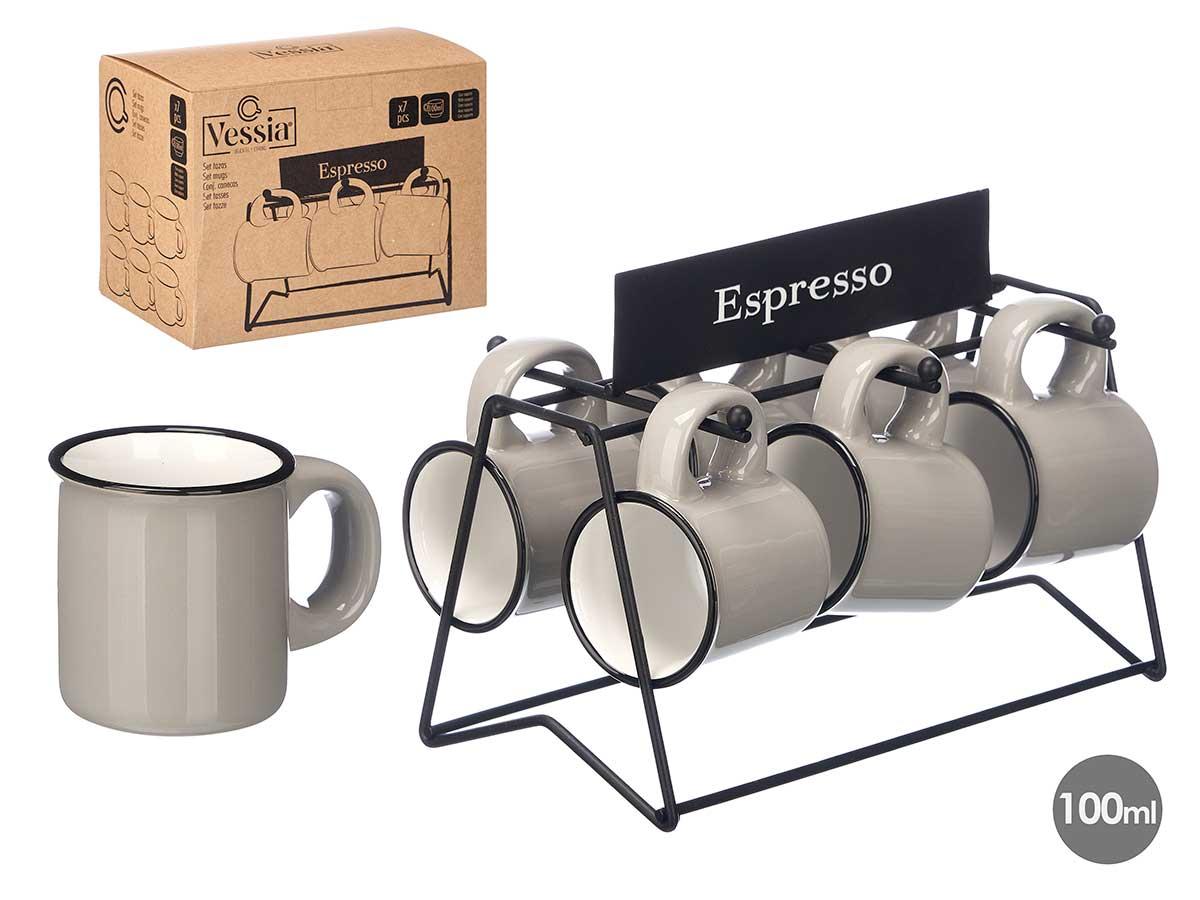 Vessia Set de 6 Tazas de Café Gris con Soporte, 100 ml, 23.5x17x15 cm (6 Unidades)