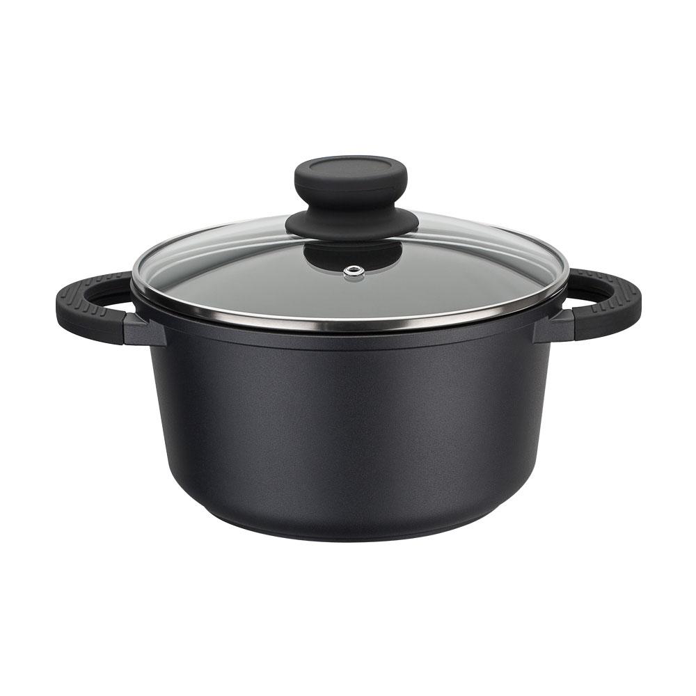 GSW Cacerola Alta Aluminio Fundición 2,8 L Diámetro 20 cm Inducción Silcoguss Noir con Tapa de Cristal y Asas de Silicona - Set de 6 Unidades