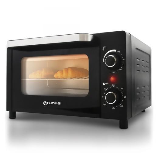 Grunkel Horno Eléctrico 10 Litros 800W Negro, Mini Horno con Temporizador, Bandeja y Rejilla Incluidas