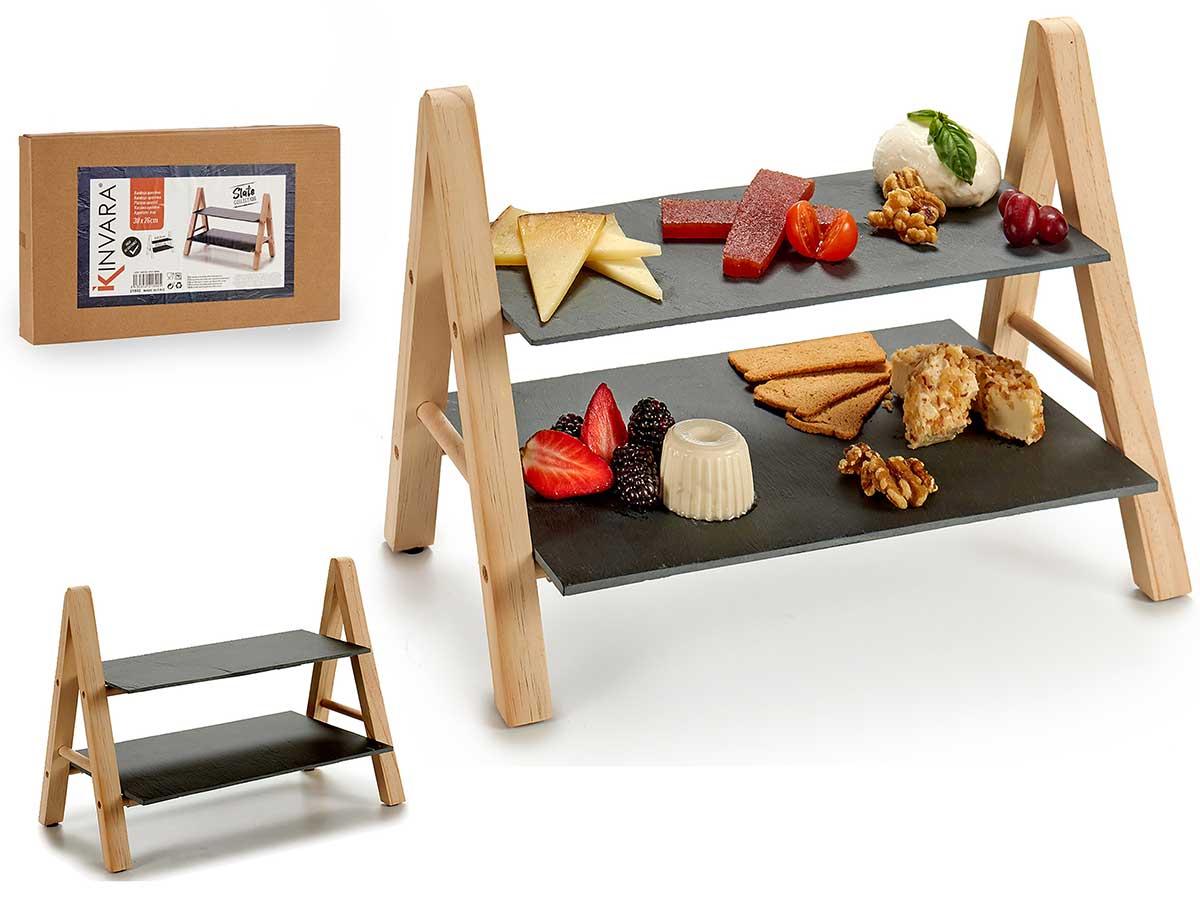 Kinvara Estante Pizarra Rectangular 2 Pisos de Cerámica y Madera de Pino Negro 20x27x37 cm (8 Unidades)