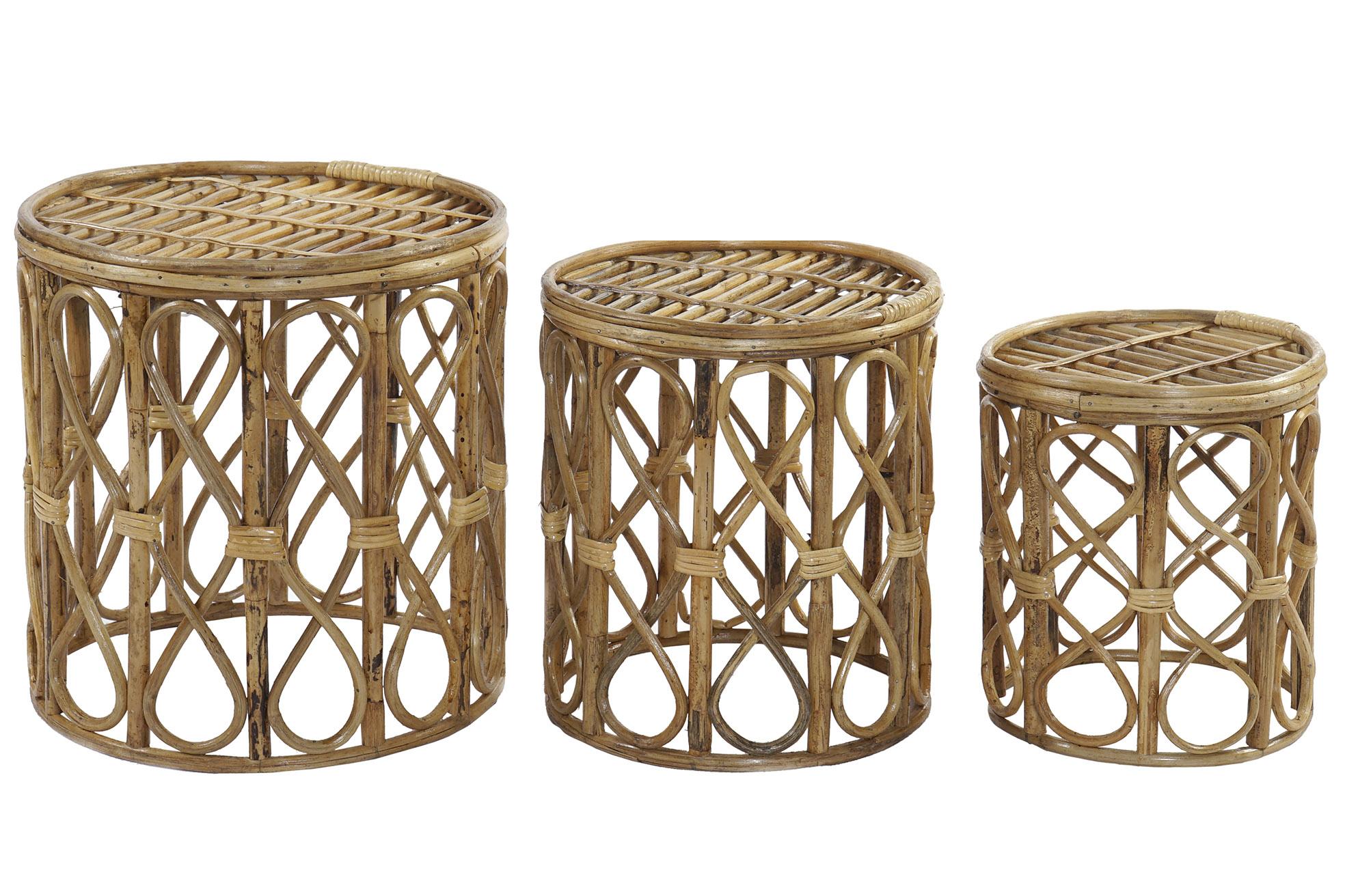 DKD Home Decor Juego de 3 Mesitas Auxiliares Mimbre Natural Estilo Balinés 38 cm Ancho x 43.4 cm Alto x 38 cm Largo