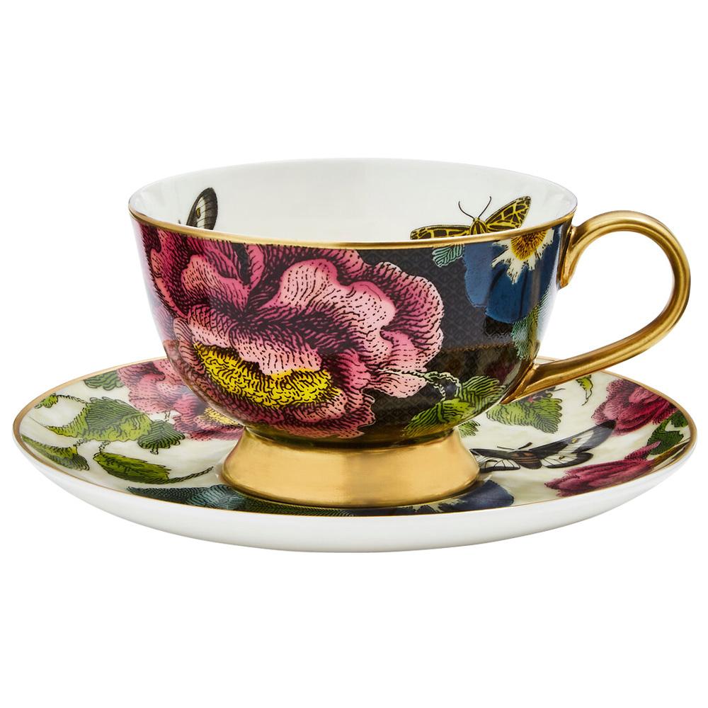 Spode Taza de Té Negra con Plato Crema 200 ml - Colección Creatures of Curiosity Diseño Flores y Insectos Oro 22K