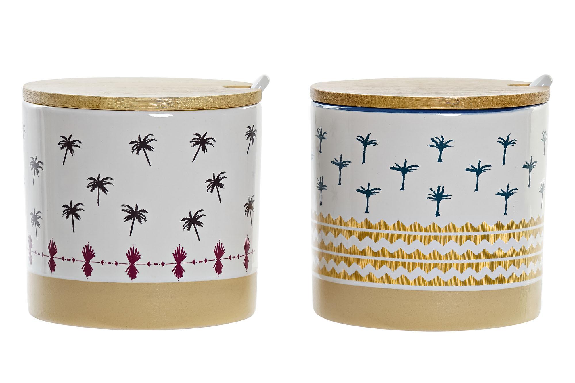 DKD Home Decor Azucarero Colonial de Gres y Bambú Multicolor Azul 9.5x9.5x9.5 cm (6 Unidades) Apto Microondas Lavavajillas